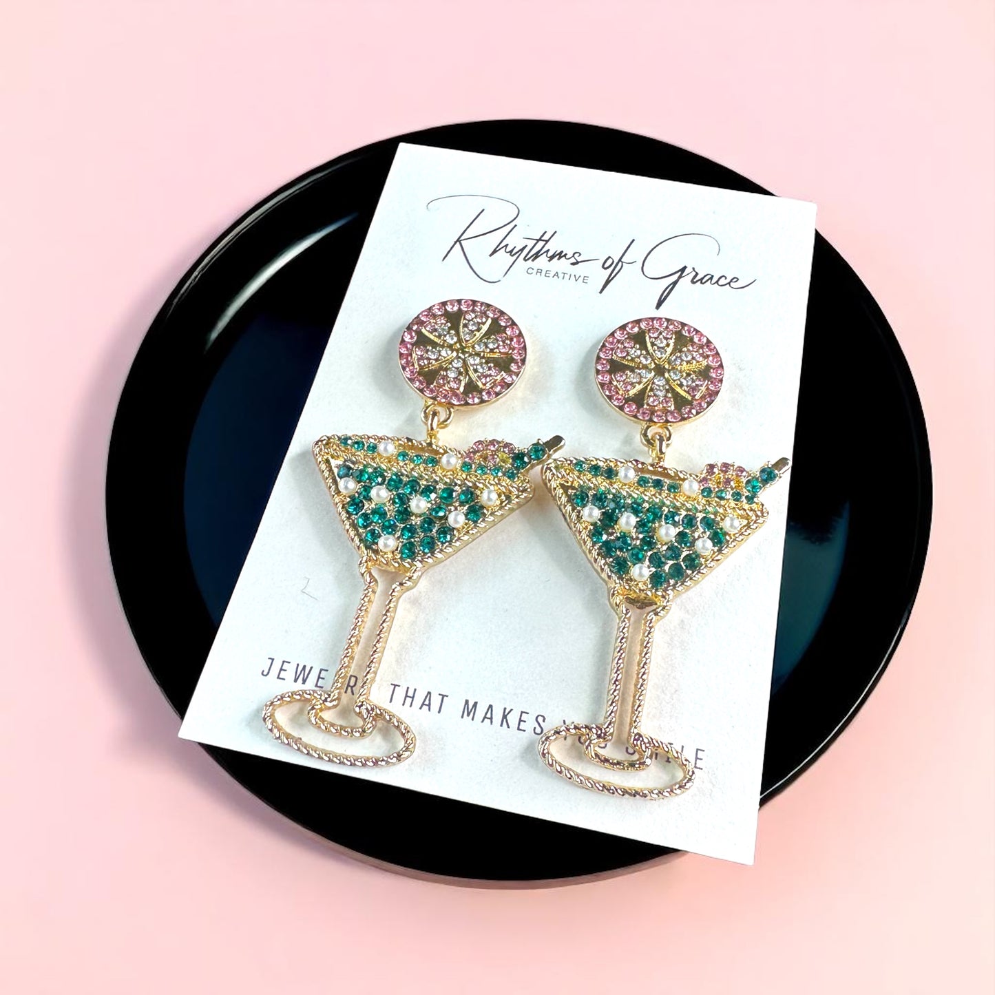 Sparkling Emerald & Pink Martini Dangle Earrings - Glamorous Statement Jewelry
