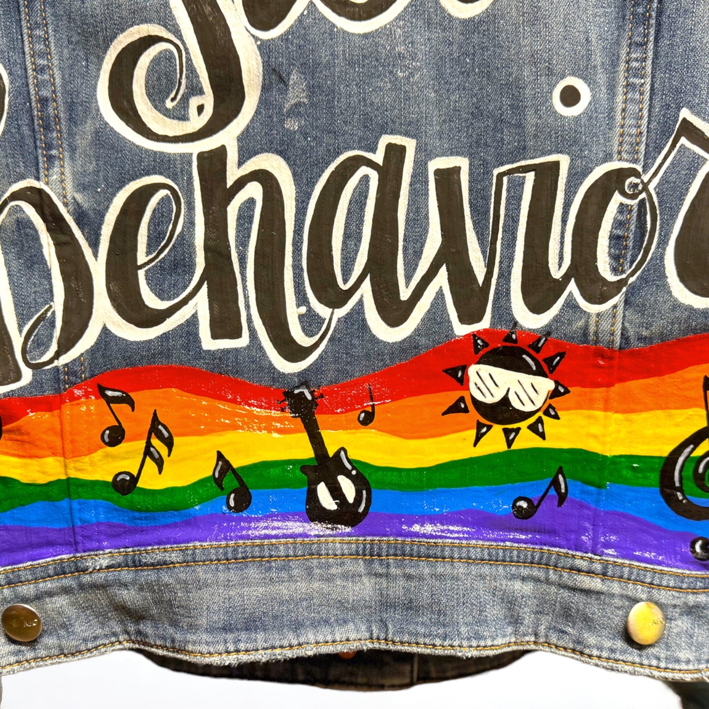 Hand Painted Jean Jacket: “On My Fest Behavior”, Jazz Fest, Festival, Hand Painted, Music Concert, Rainbow Jacket