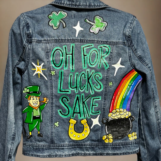 Hand Painted Jean Jacket: “For Lucks Sake”, St Patrick’s Day Jacket, Hand Painted, Shamrock