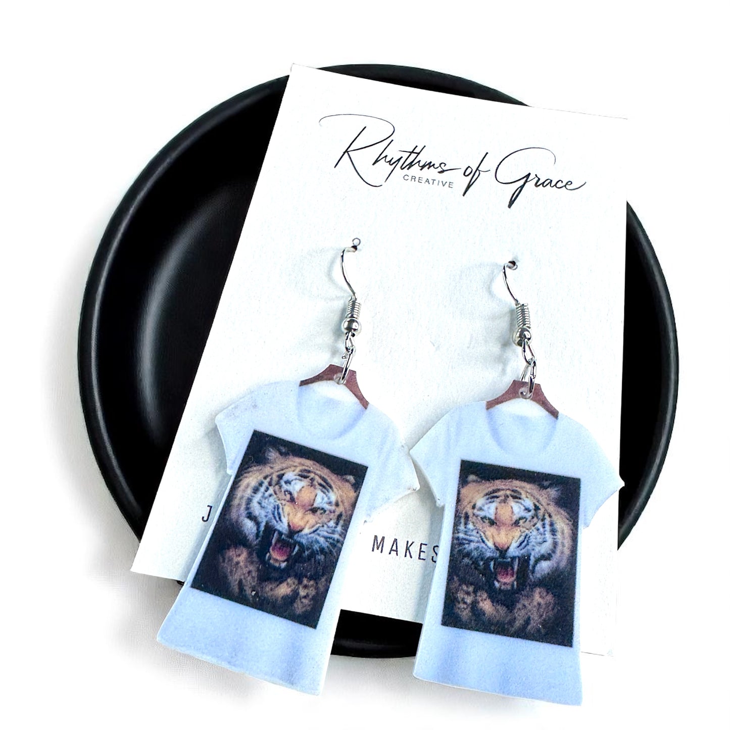 Tiger T-shirt Earrings - Tiger Earrings, Crazy Cat Lady, Tigers Football, Animal Lover, Vet Tech, Veterinarian Gift, Fur Mom, Tiger Shirt - Rhythms of Grace Creative