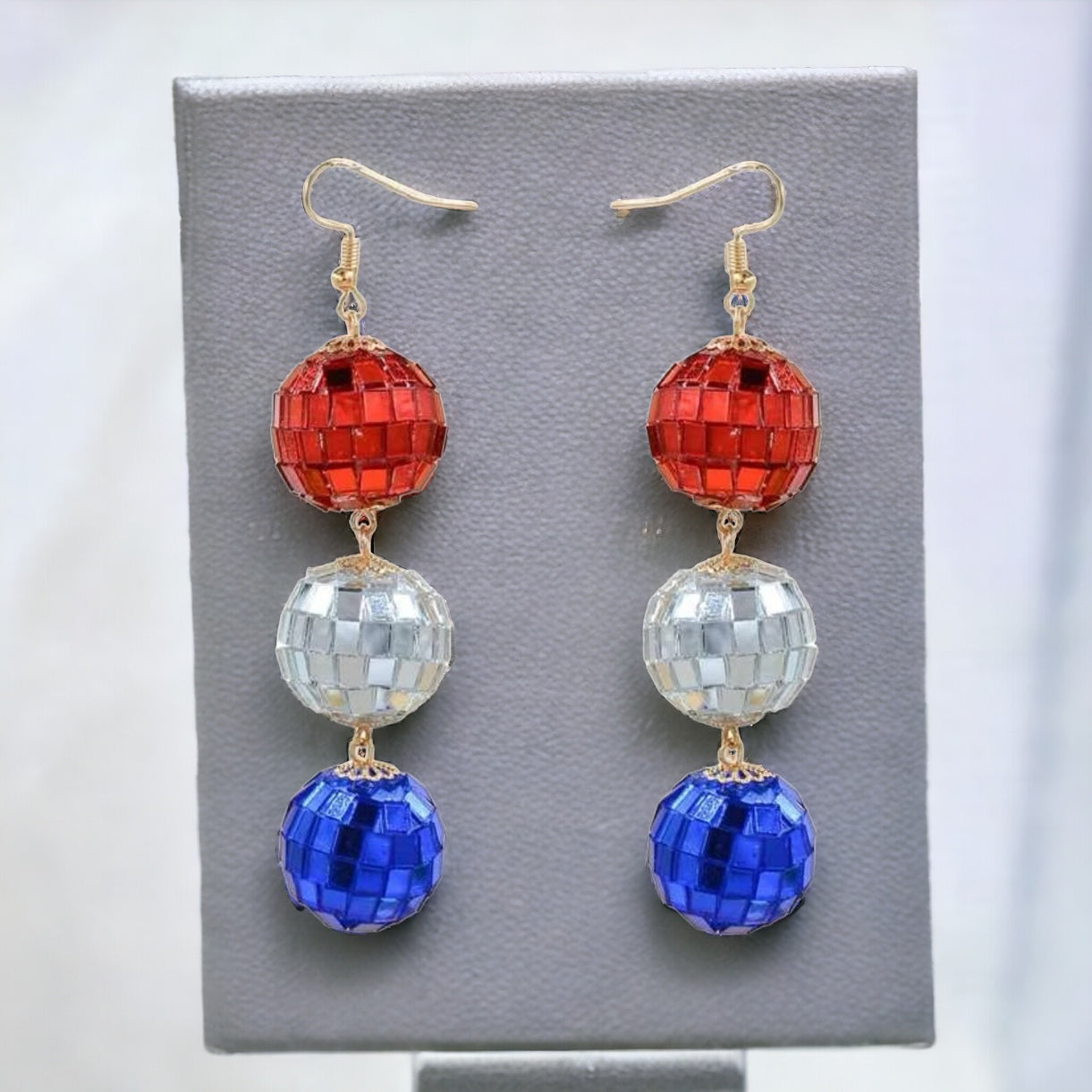 Patriotic Disco Ball Earrings - Fourth of July, Stars and Stripes, Red White and Blue