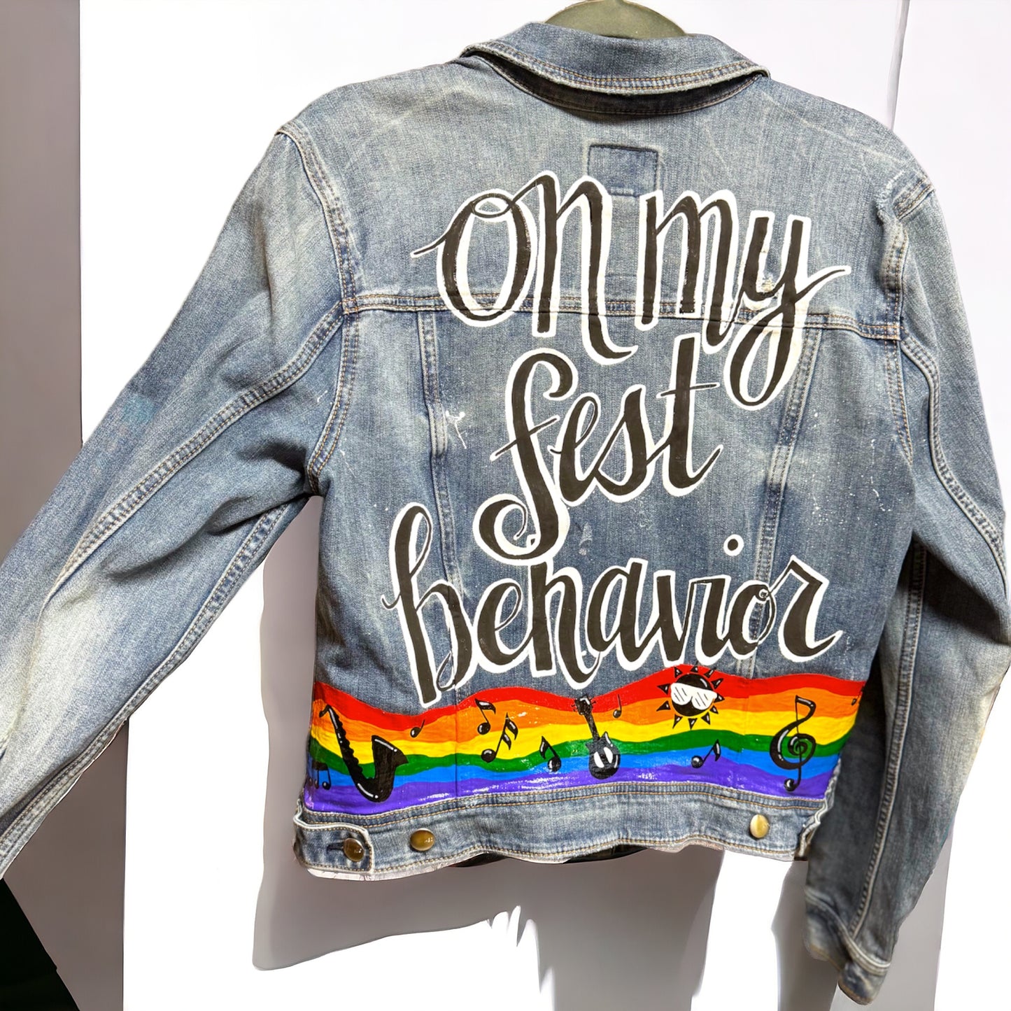 Hand Painted Jean Jacket: “On My Fest Behavior”, Jazz Fest, Festival, Hand Painted, Music Concert, Rainbow Jacket