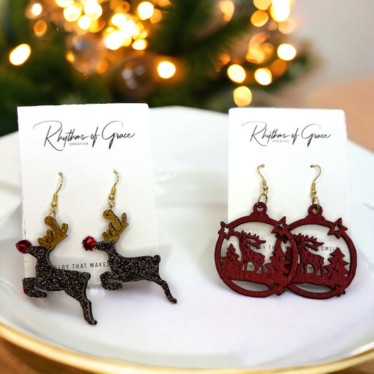 Reindeer Earrings - Christmas Earrings, Reindeer Costume, Christmas Jewelry, Handmade Earrings, Rudolph the Red Nosed Reindeer, Rudolph