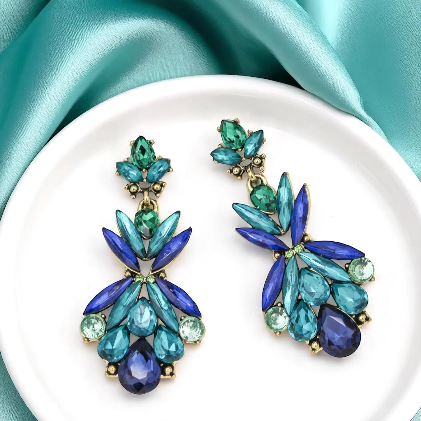 Gorgeous Blue-Green Rhinestone Dangle Earrings