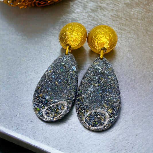 Oversized Earrings - Blue and Gold, New Orleans, Blue Drop, Gold Drop, Handmade Earrings, Glitter Accessories, Handmade Jewelry, Blue Gold