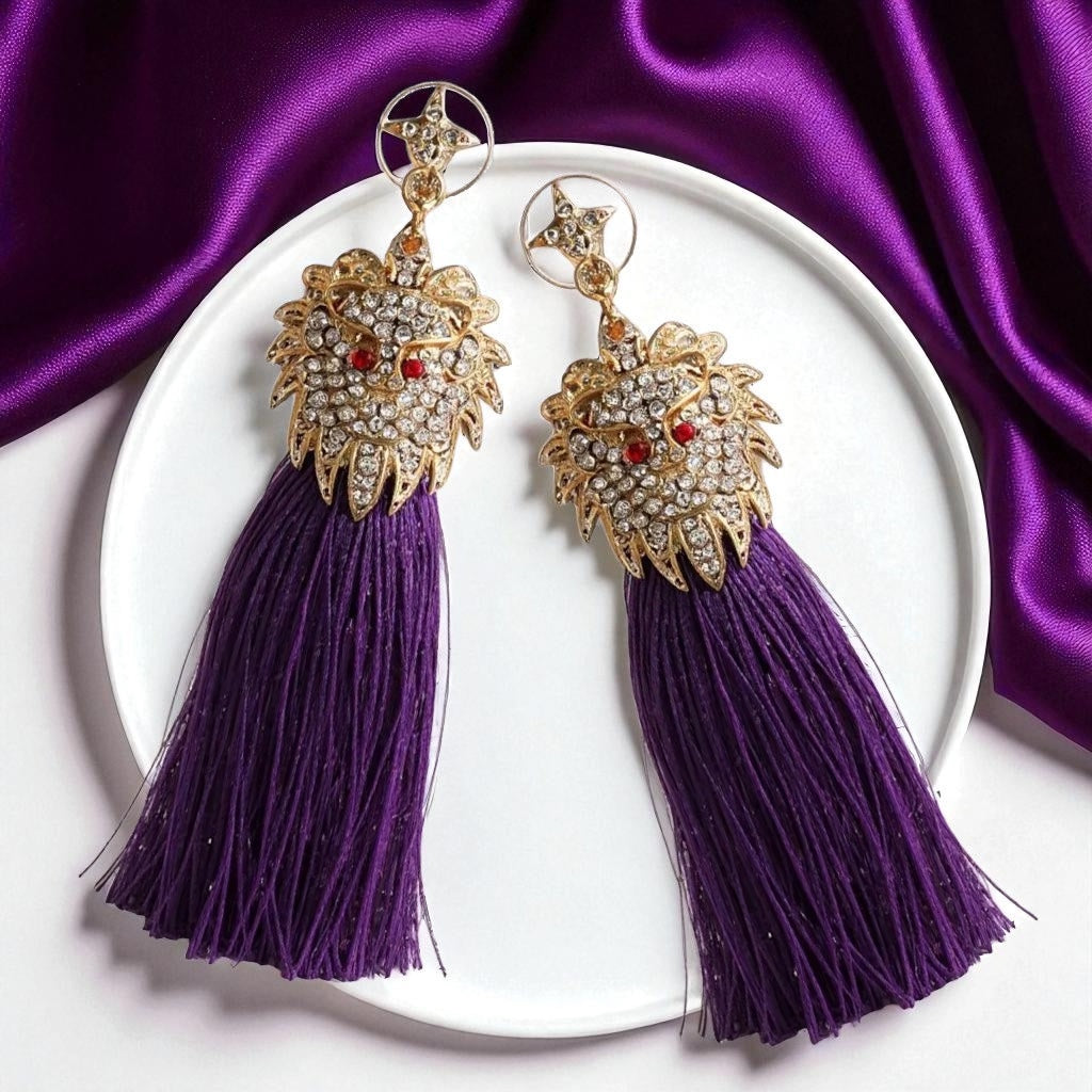 Rhinestone Lion Tassel Dangle Earrings - Available in Three Colors!