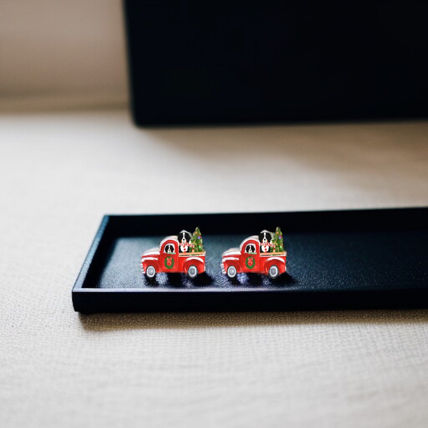 Jolly Pickup Truck Earrings: Holiday Cheer with a St. Bernard Twist!