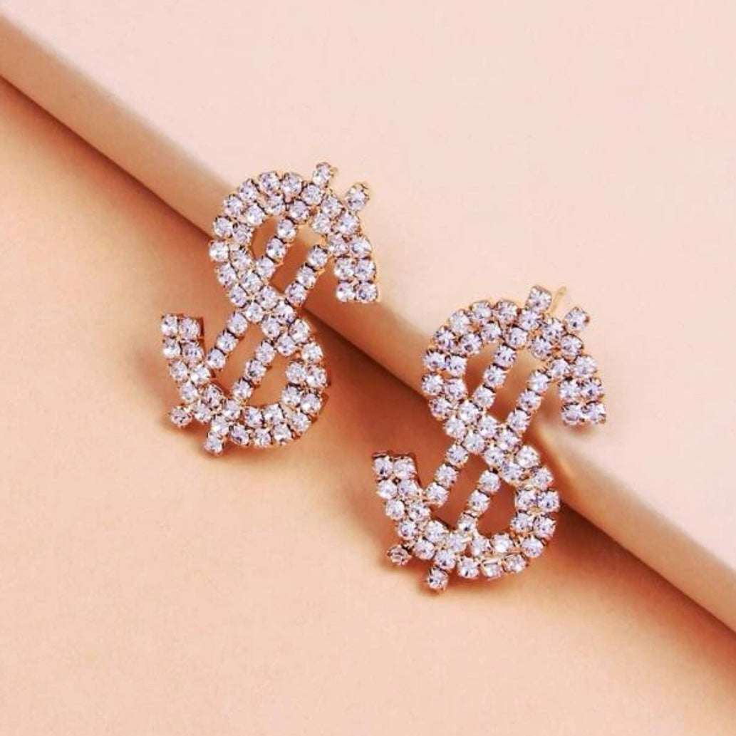 Sparkling Dollar Sign Shaped Earrings - 1.4 x 1 inches, Money