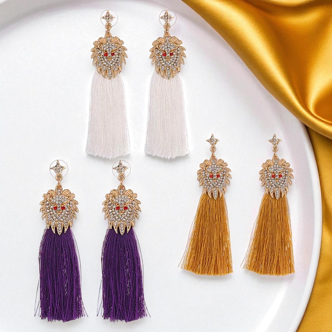 Rhinestone Lion Tassel Dangle Earrings - Available in Three Colors!