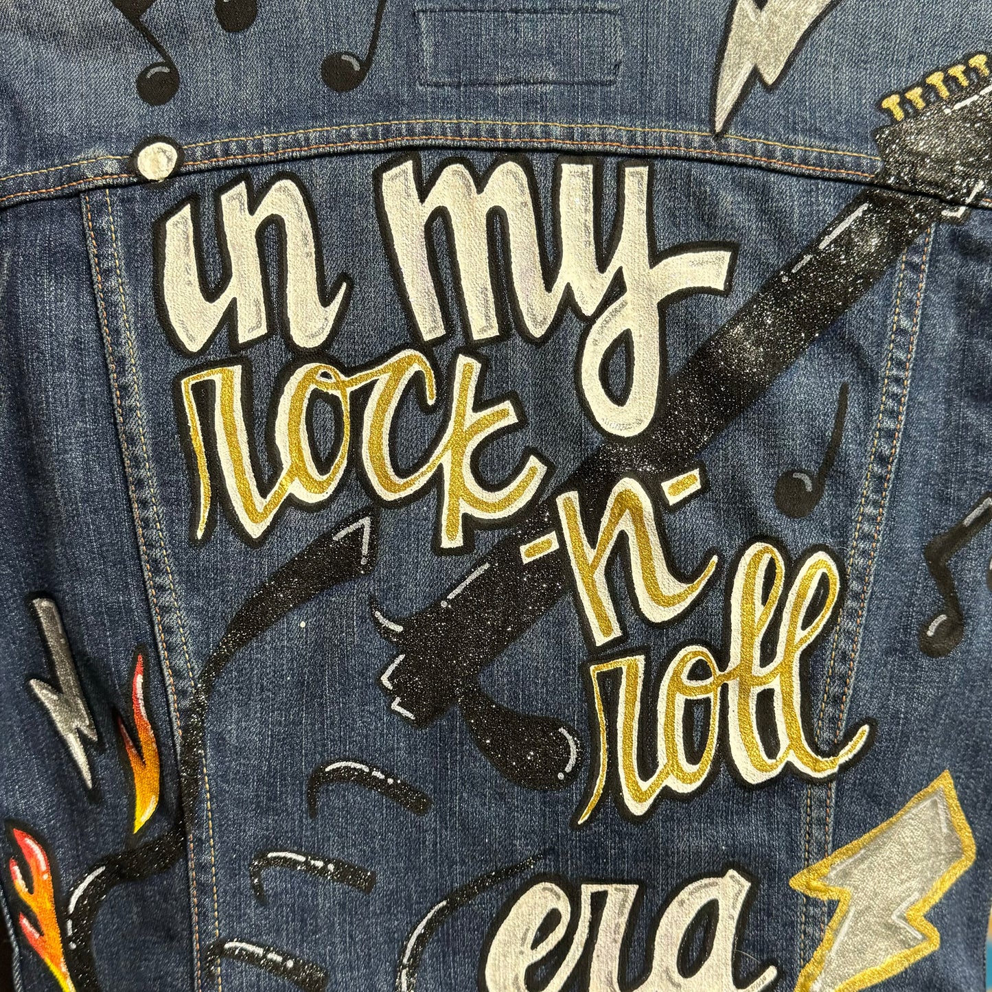 Hand Painted Jean Jacket: “In My Rock-n-Roll Era” - Eras Tour, Mardi Gras, Jazz Feat, New Orleans, Music Concert, Festival, Parade Outfit