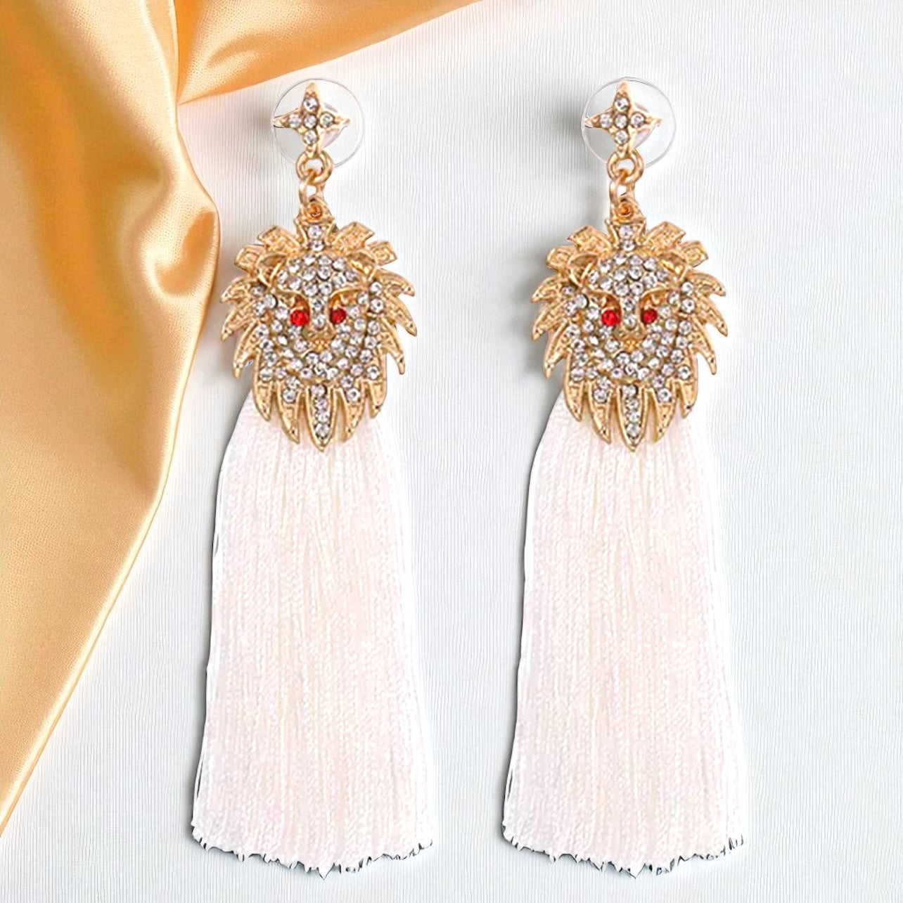 Rhinestone Lion Tassel Dangle Earrings - Available in Three Colors!