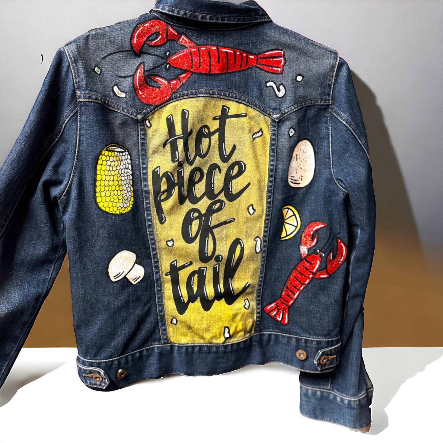 Hand Painted Jean Jacket: “Hot Piece of Tail” - Cajun Jacket, Crawfish, Mardi Gras, Mardi Gras Jacket, New Orleans, Purple Green Gold, Mardi Gras, Parade Outfit