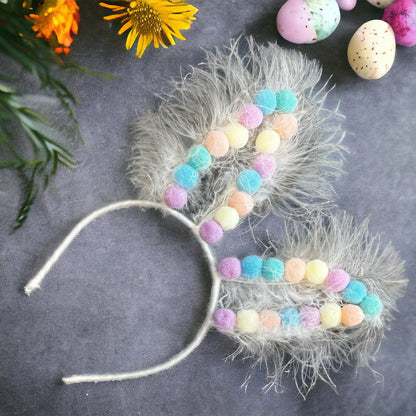 Pom Pom Easter Bunny Ears - Rabbit Ears, Handmade Headpiece, Easter Headpiece, Feather Headband, Easter Headband