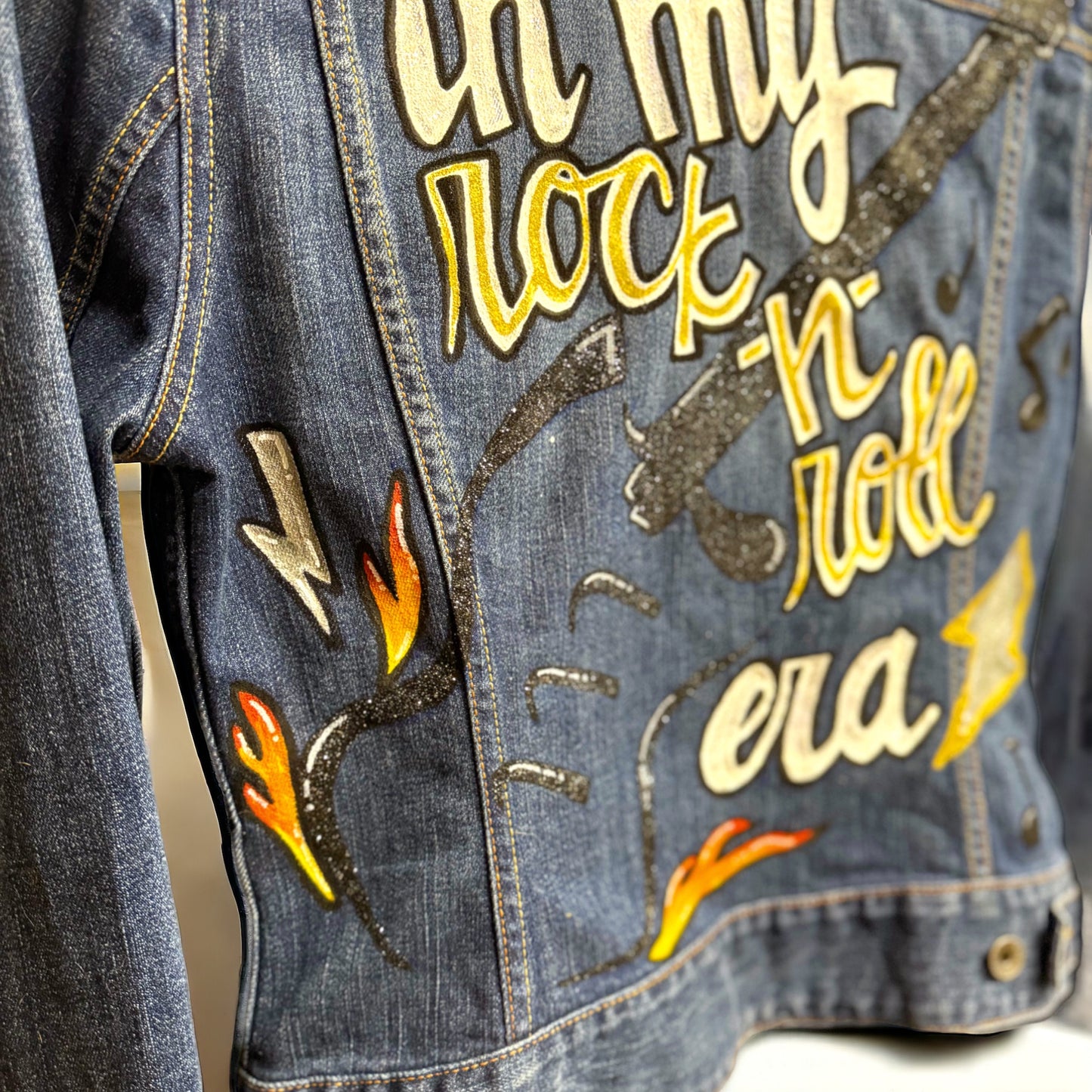 Hand Painted Jean Jacket: “In My Rock-n-Roll Era” - Eras Tour, Mardi Gras, Jazz Feat, New Orleans, Music Concert, Festival, Parade Outfit