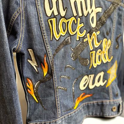 Hand Painted Jean Jacket: “In My Rock-n-Roll Era”  - Eras Tour, Mardi Gras, Jazz Feat, New Orleans, Music Concert, Festival, Parade Outfit