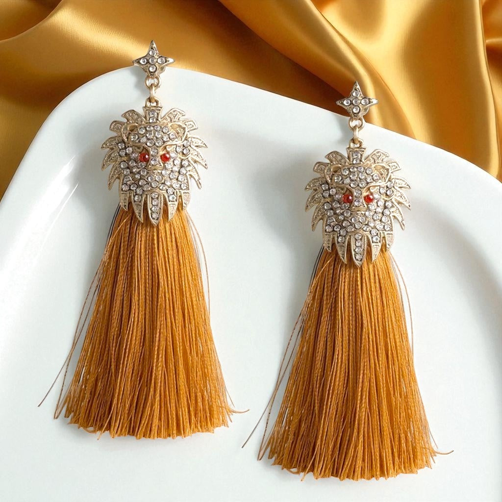 Rhinestone Lion Tassel Dangle Earrings - Available in Three Colors!