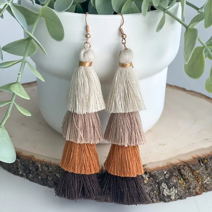 Boho Babe Alert! Tiered Tassel Earrings - Neutral Chic