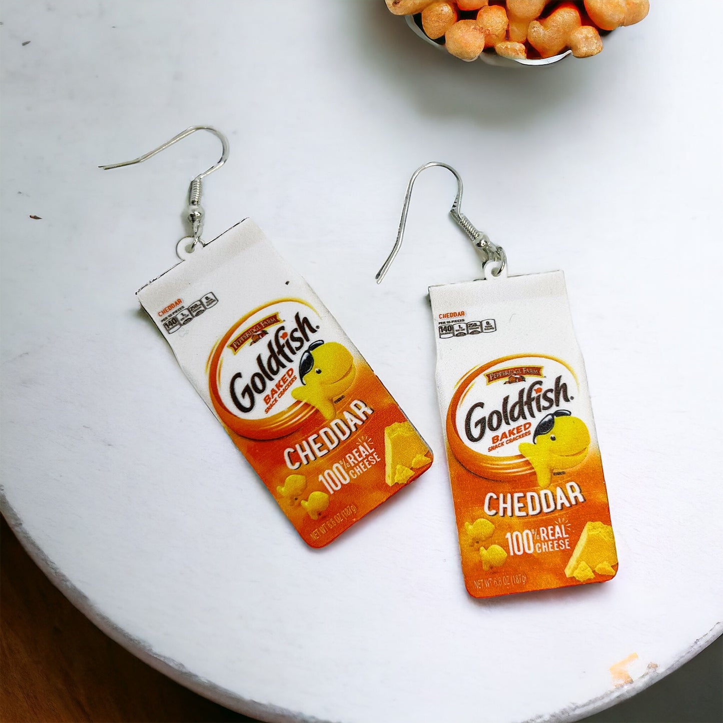 Munchable Charm: Goldfish Cracker Dangle Earrings