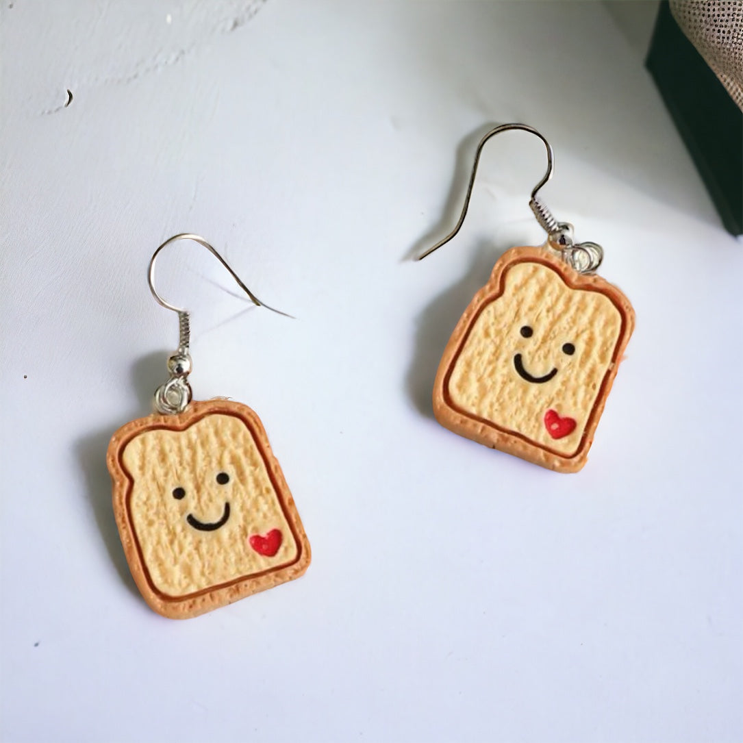 Cartoon Toast Earrings - Cartoon Earrings, Handmade Earrings, Toast Jewelry, Food Accessories