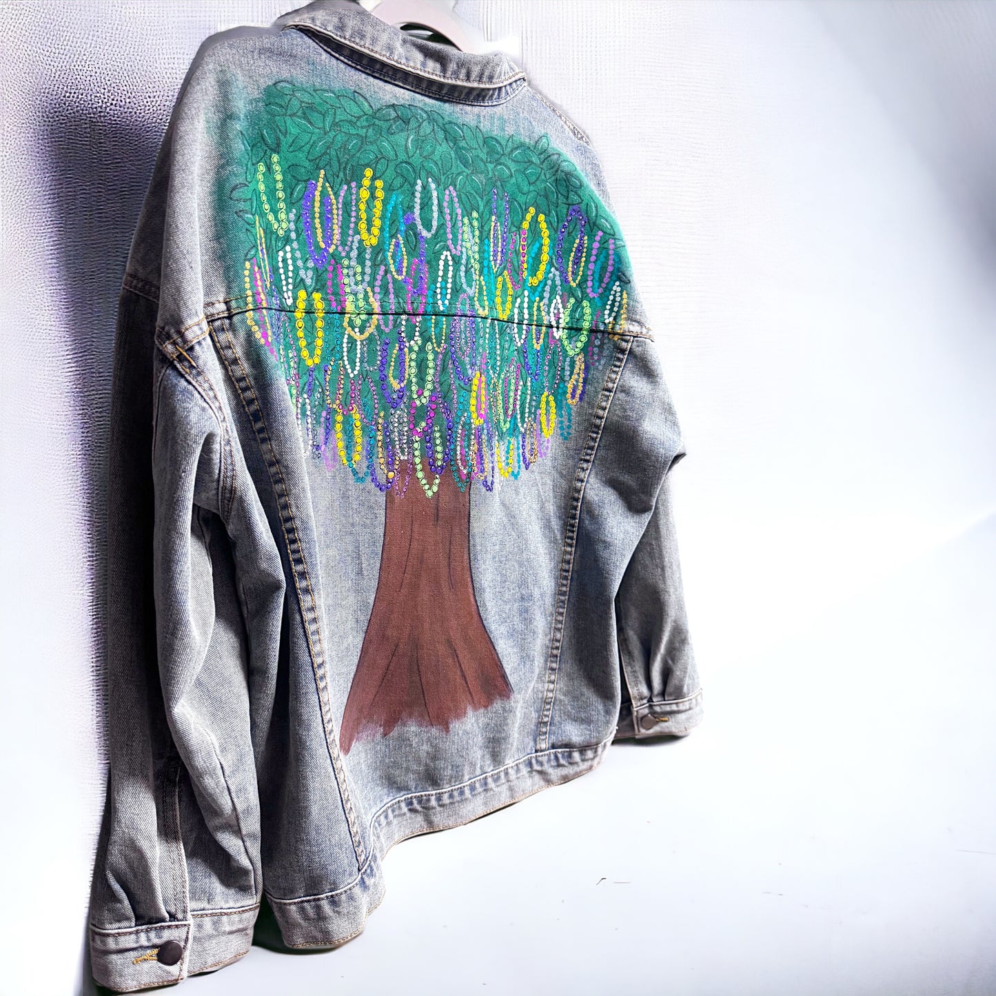 Hand Painted Jean Jacket: “Mardi Gras Bead Tree”