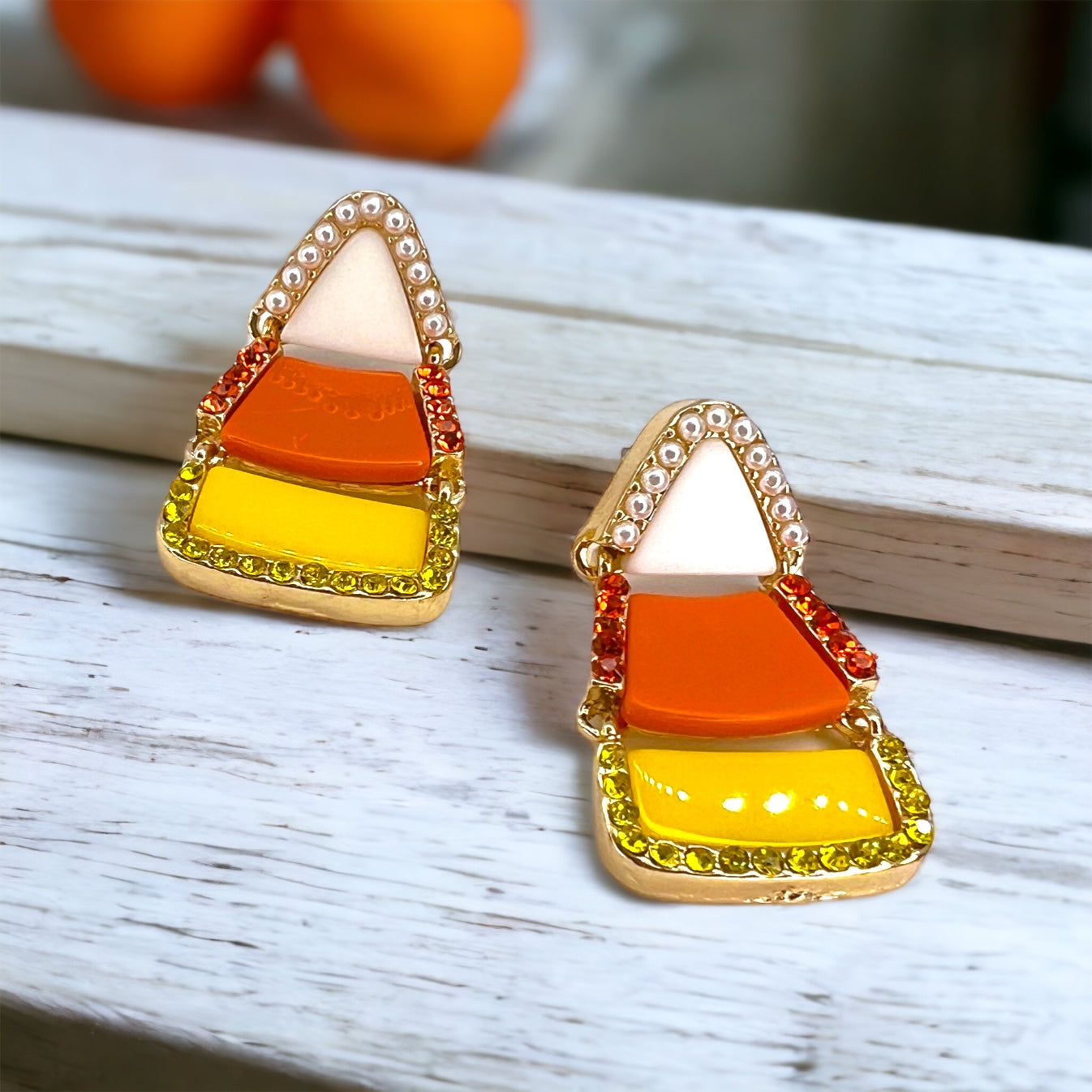 Candycorn Earrings - Halloween Earrings, Candy Earrings, Halloween Accessories, Halloween Earrings, Rhinestone Earrings, Halloween Accessories, Candy Corn - Rhythms of Grace Creative
