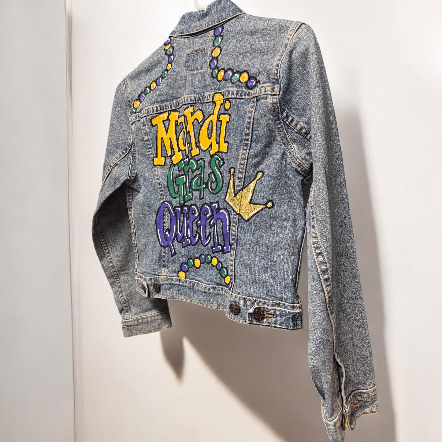 Hand Painted Jean Jacket: “Mardi Gras Queen”
