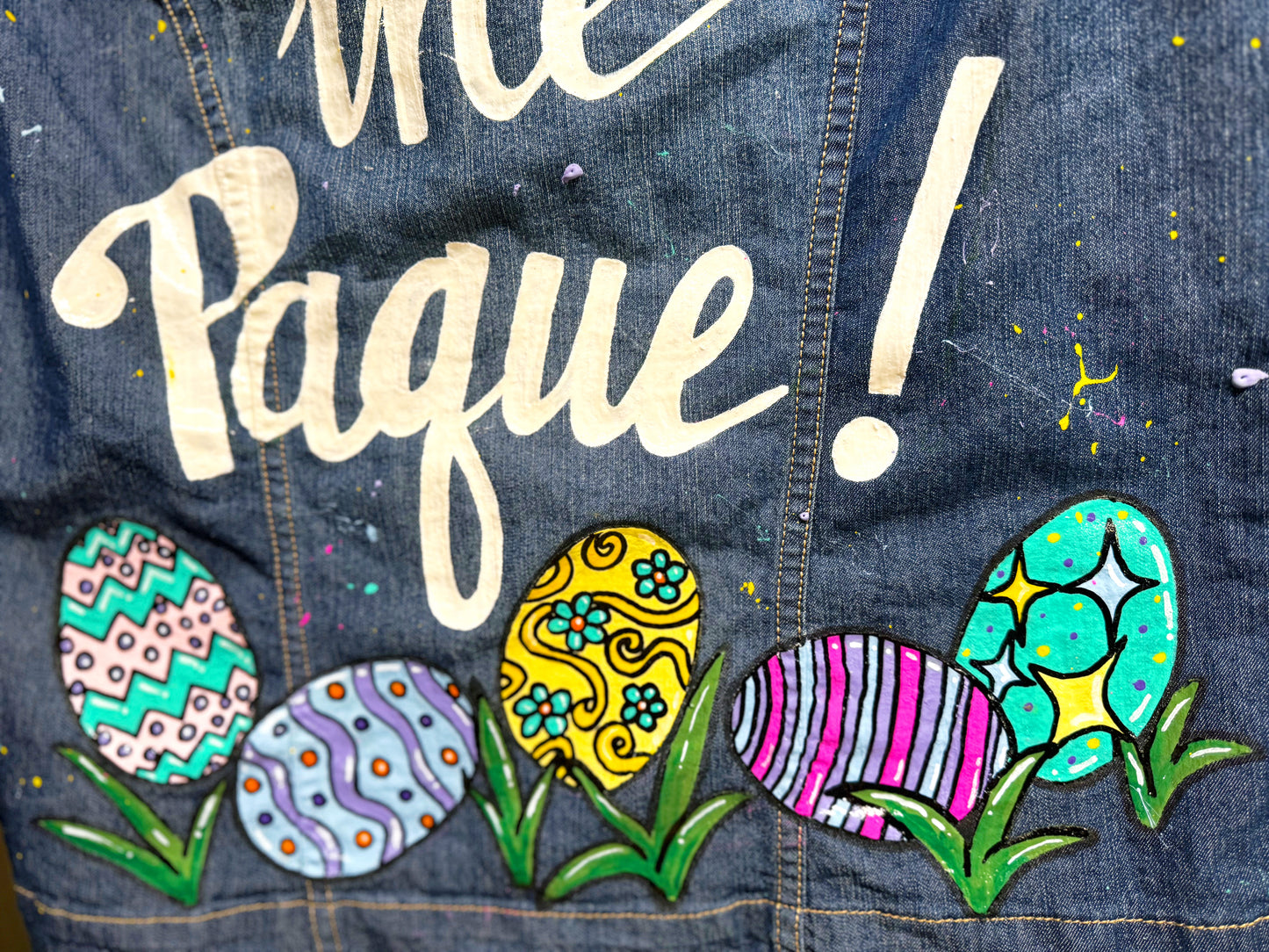 Hand Painted Jean Jacket: “Leader of the Paque”  - Cajun Jacket, Easter Jacket, New Orleans, Happy Easter, Egg Paqueing