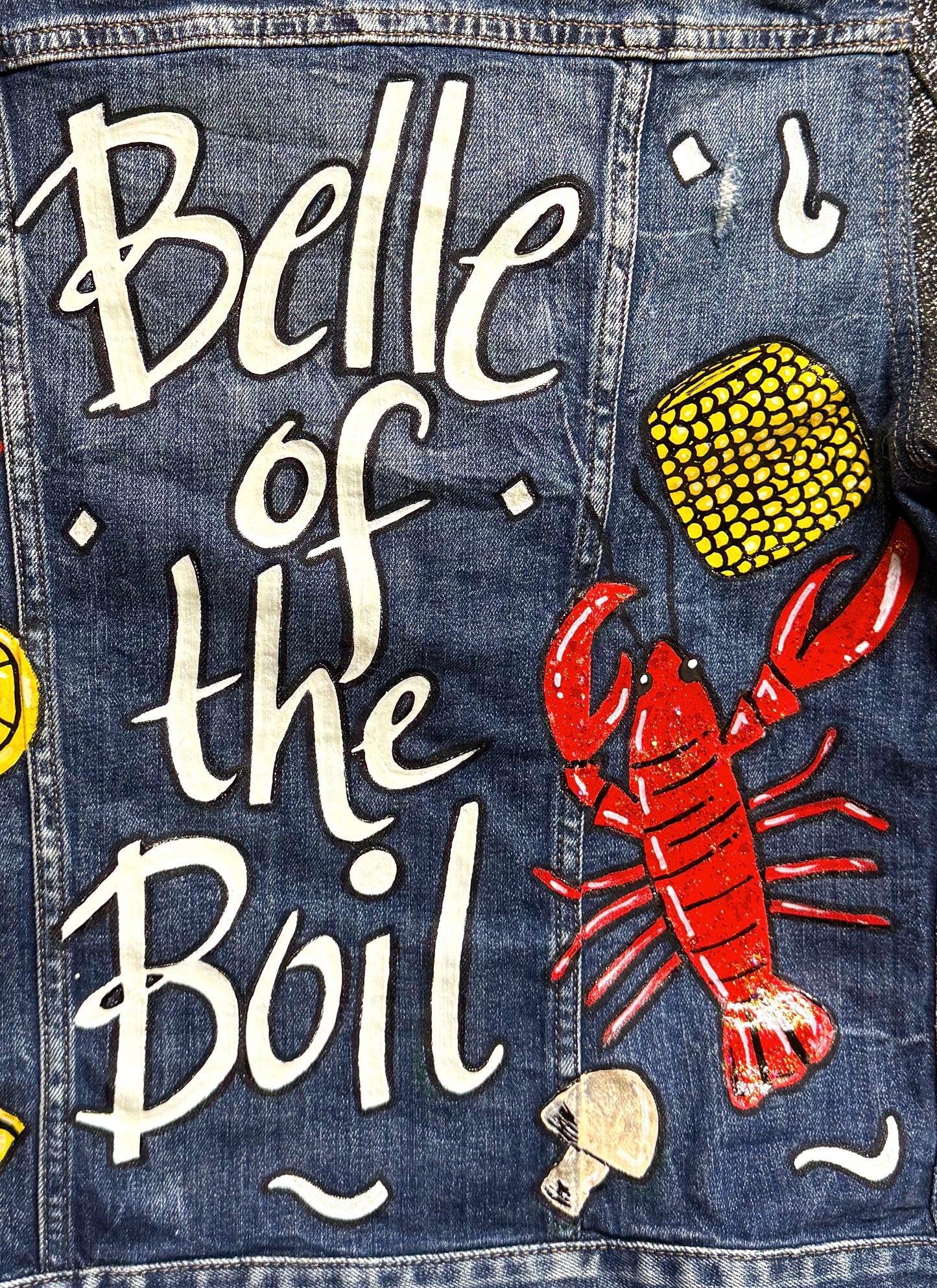 Hand Painted Jean Jacket: “Belle of the Boil” - Mardi Gras, Painted Jacket, New Orleans, Crawfish Boil, Easter Jacket, Belle of the Boil, Mudbug