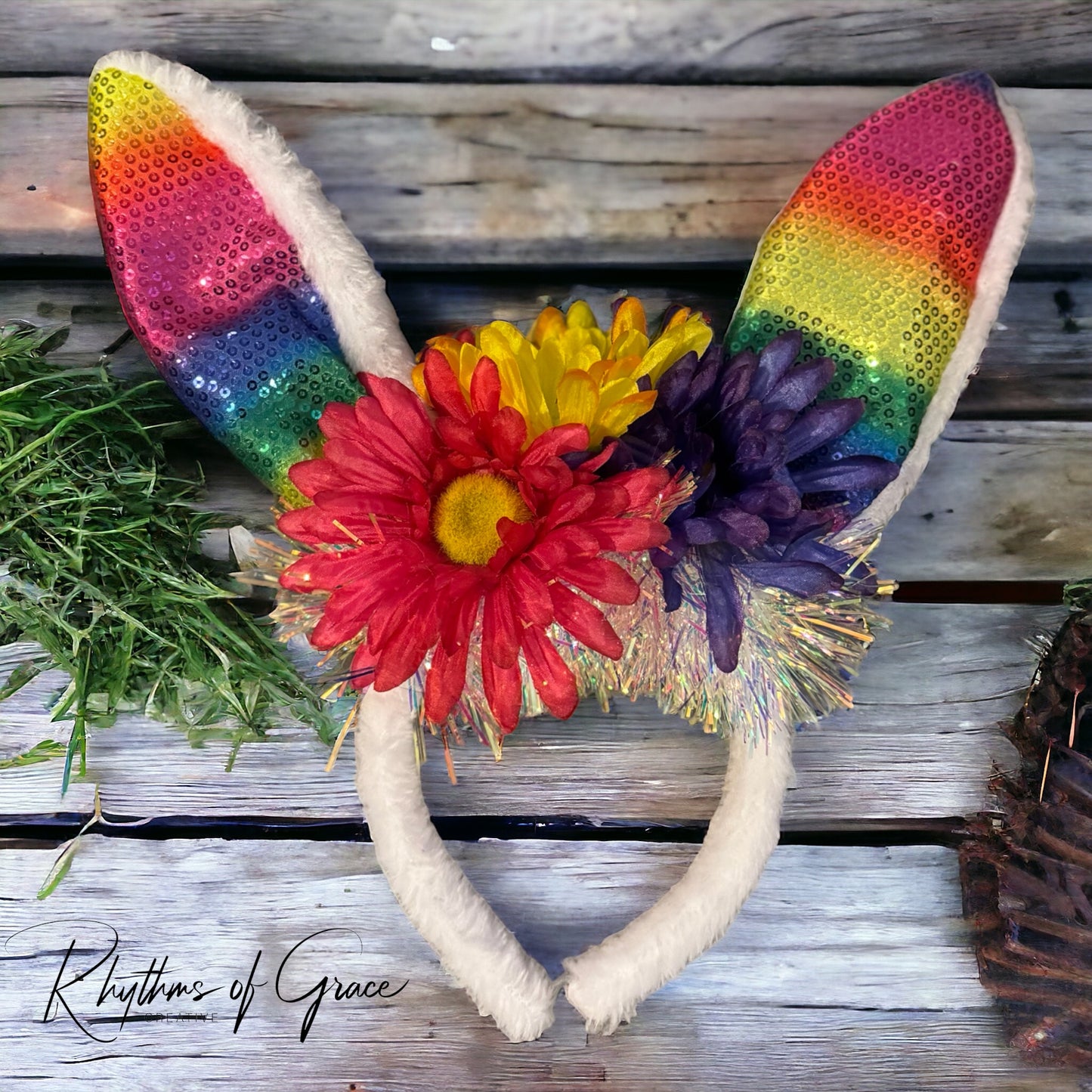 Rainbow Easter Bunny Ears - Rabbit Ears, Handmade Headpiece, Easter Headpiece, Feather Headband, Easter Headband