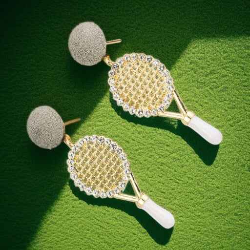 Sparkle on the Court with Our Rhinestone Tennis Racket Dangle Earrings! 🎾