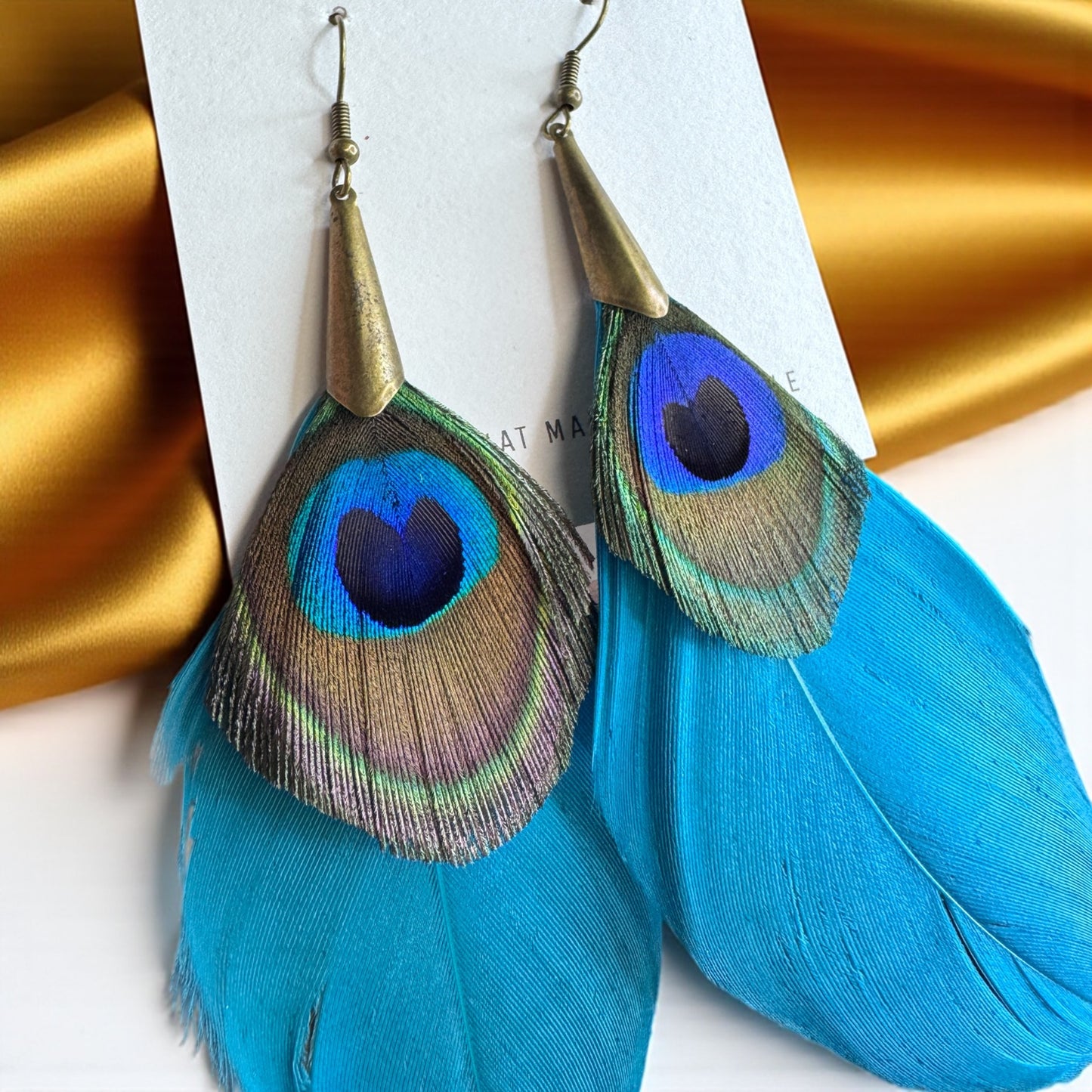 Boho Peacock Feather Dangle Earrings – Layered Turquoise & Natural Feathers, Lightweight Statement Jewelry