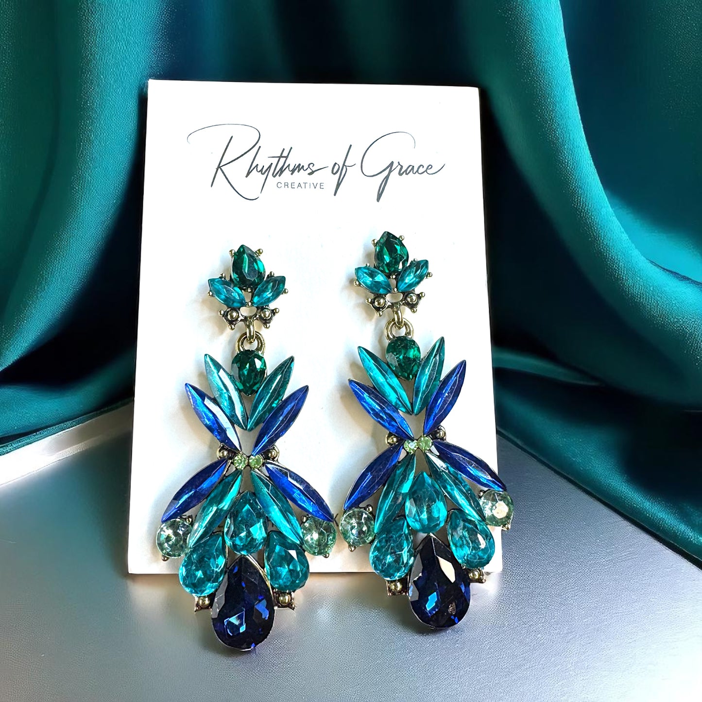 Gorgeous Blue-Green Rhinestone Dangle Earrings