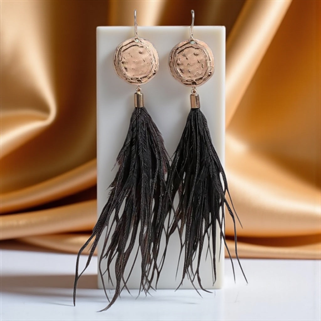 Boho Glam Vibes: Black Feather & Gold Charm Dangle Earrings – Lightweight, Bold & Beautiful!