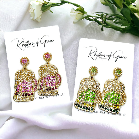 Sparkling Rhinestone Beer Mug Earrings – Cheers to Style in Pink & Green!
