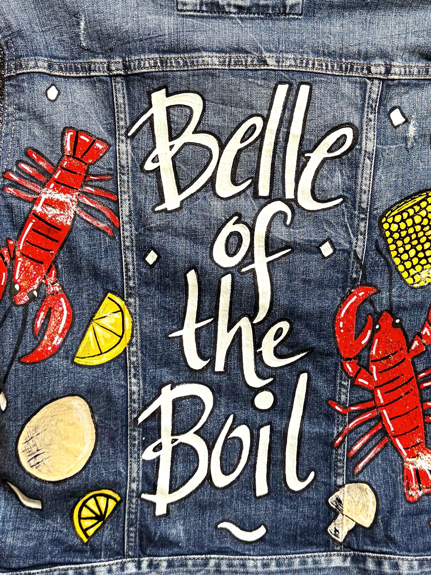 Hand Painted Jean Jacket: “Belle of the Boil” - Mardi Gras, Painted Jacket, New Orleans, Crawfish Boil, Easter Jacket, Belle of the Boil, Mudbug