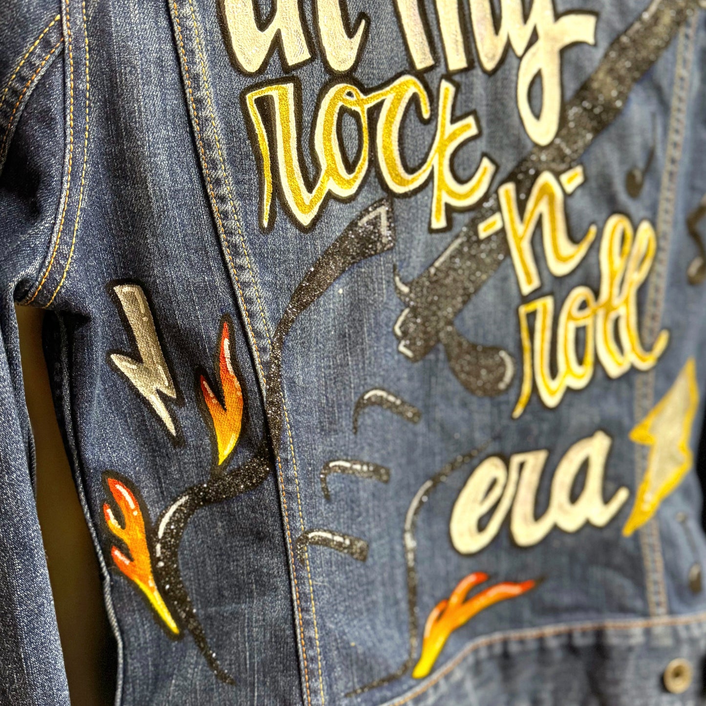 Hand Painted Jean Jacket: “In My Rock-n-Roll Era” - Eras Tour, Mardi Gras, Jazz Feat, New Orleans, Music Concert, Festival, Parade Outfit