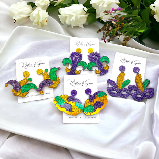Mardi Gras Earrings - Handmade Jewelry, Mardi Gras Earrings, New Orleans, NOLA, Purple Green Gold, Mardi Gras Jewelry, Mardi Gras Crown