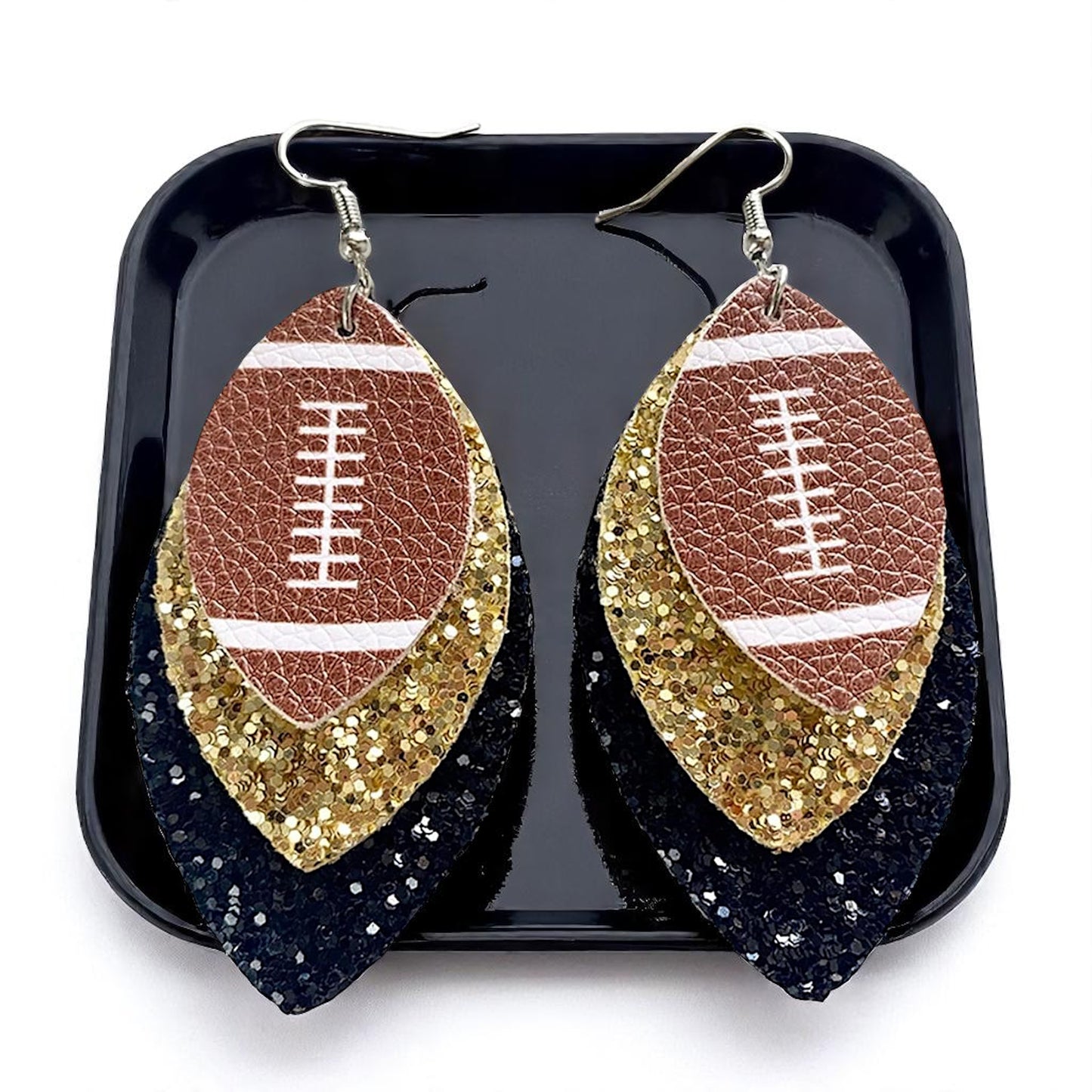Game Day Glam: Black and Gold Glitter Football Earrings for the Ultimate Fan!