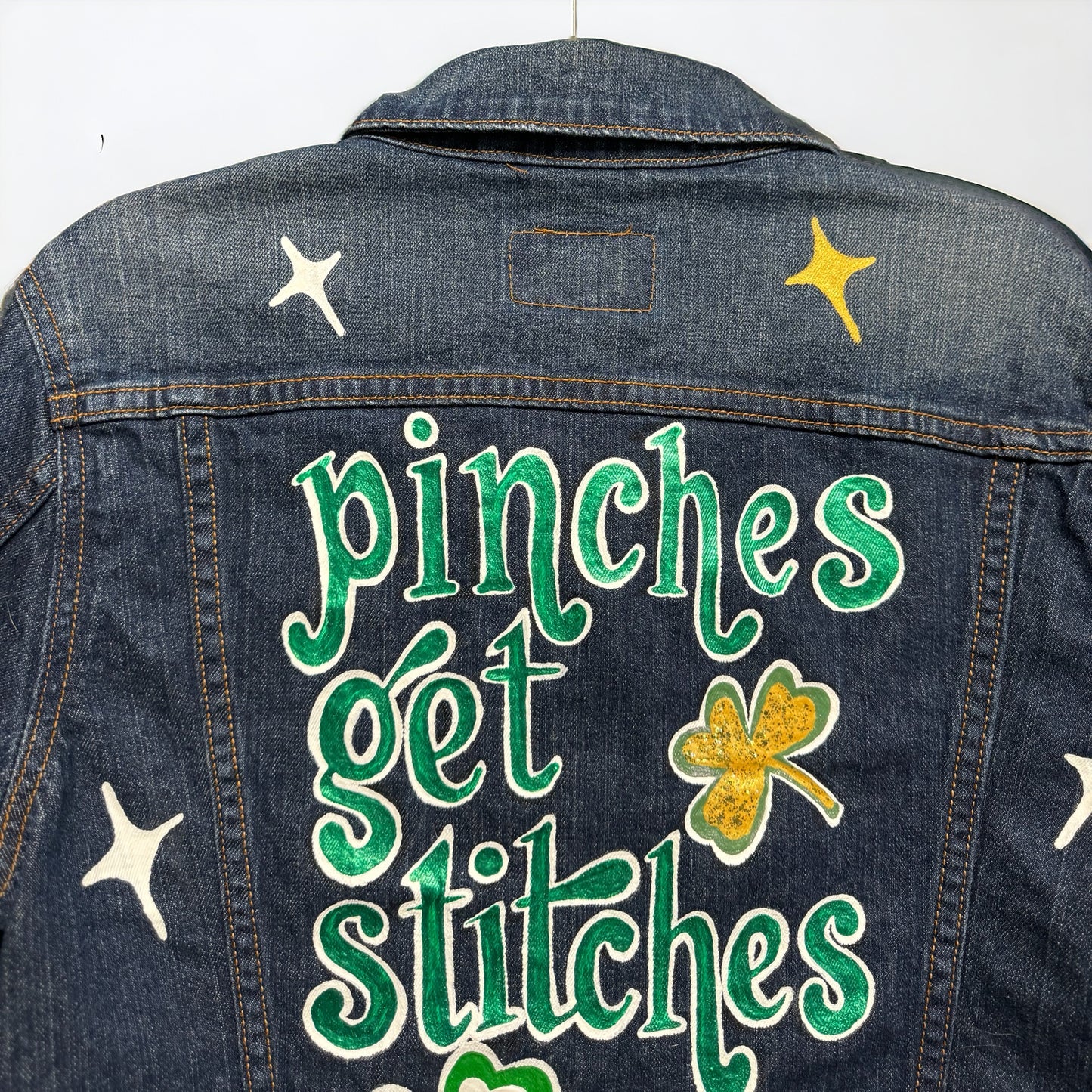 Hand Painted Jean Jacket: “Pinches Get Stitches”, St Patrick’s Day Jacket, Hand Painted, Shamrock