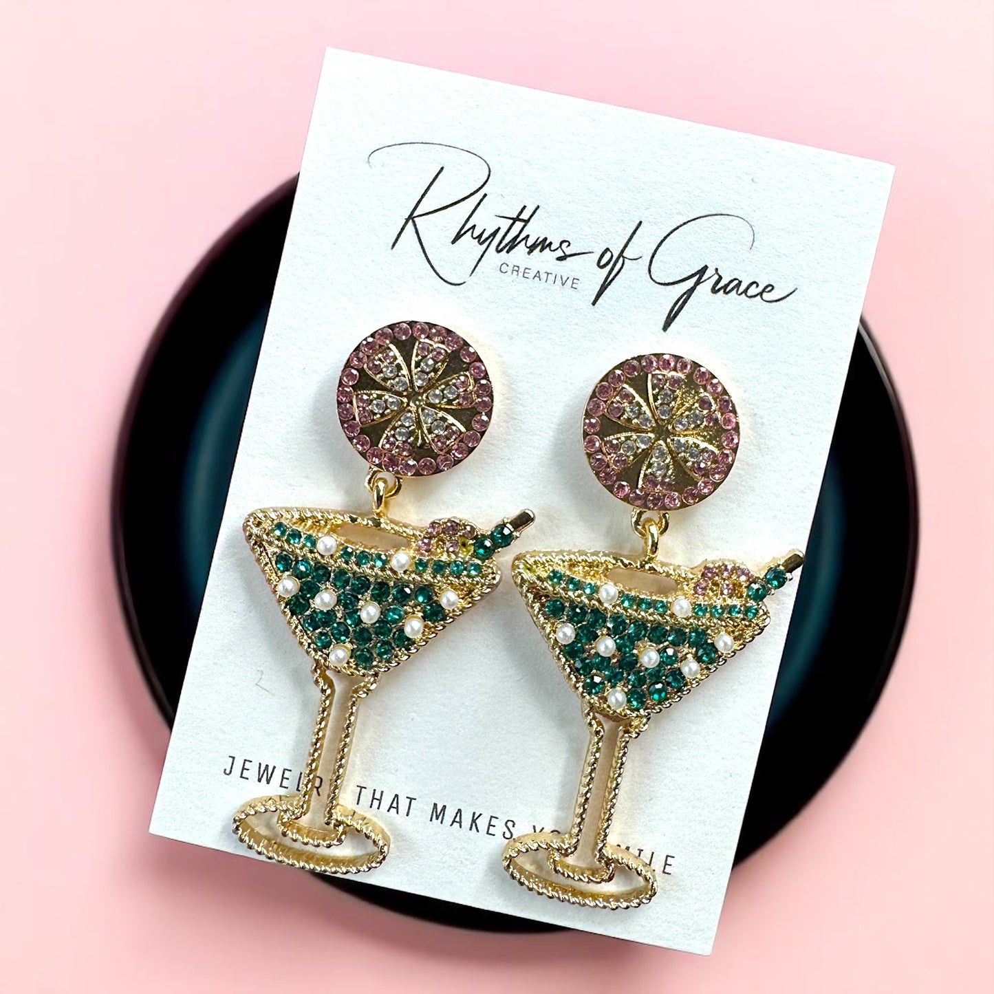 Sparkling Emerald & Pink Martini Dangle Earrings - Glamorous Statement Jewelry