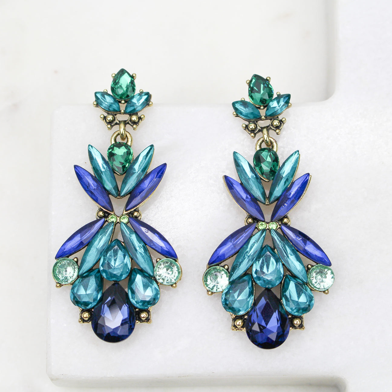 Gorgeous Blue-Green Rhinestone Dangle Earrings