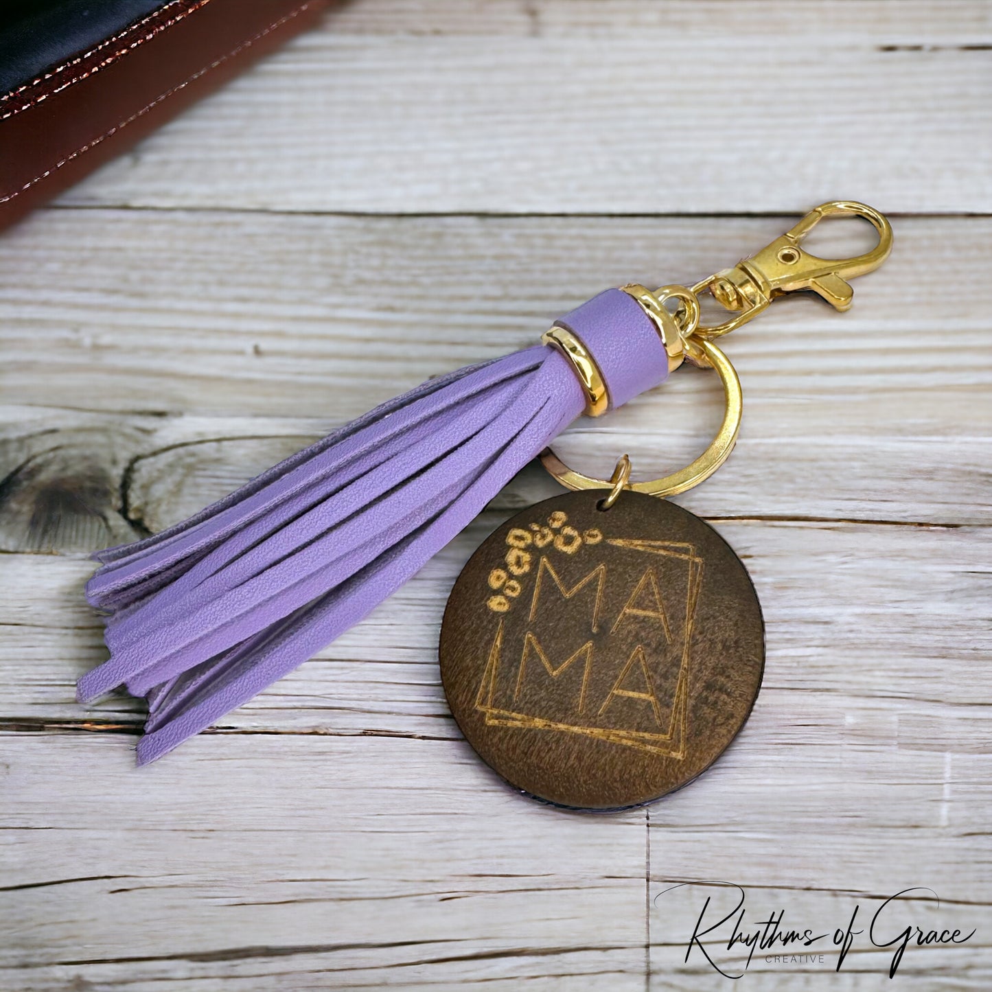 Rustic Wooden Mom Key Chain with Lavender Tassel