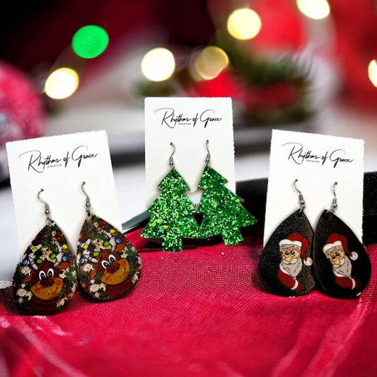 Christmas Earrings - Christmas Tree Earrings, Santa Costume, Christmas Jewelry, Handmade Earrings, Rudolph the Red Nosed Reindeer, Santa Claus