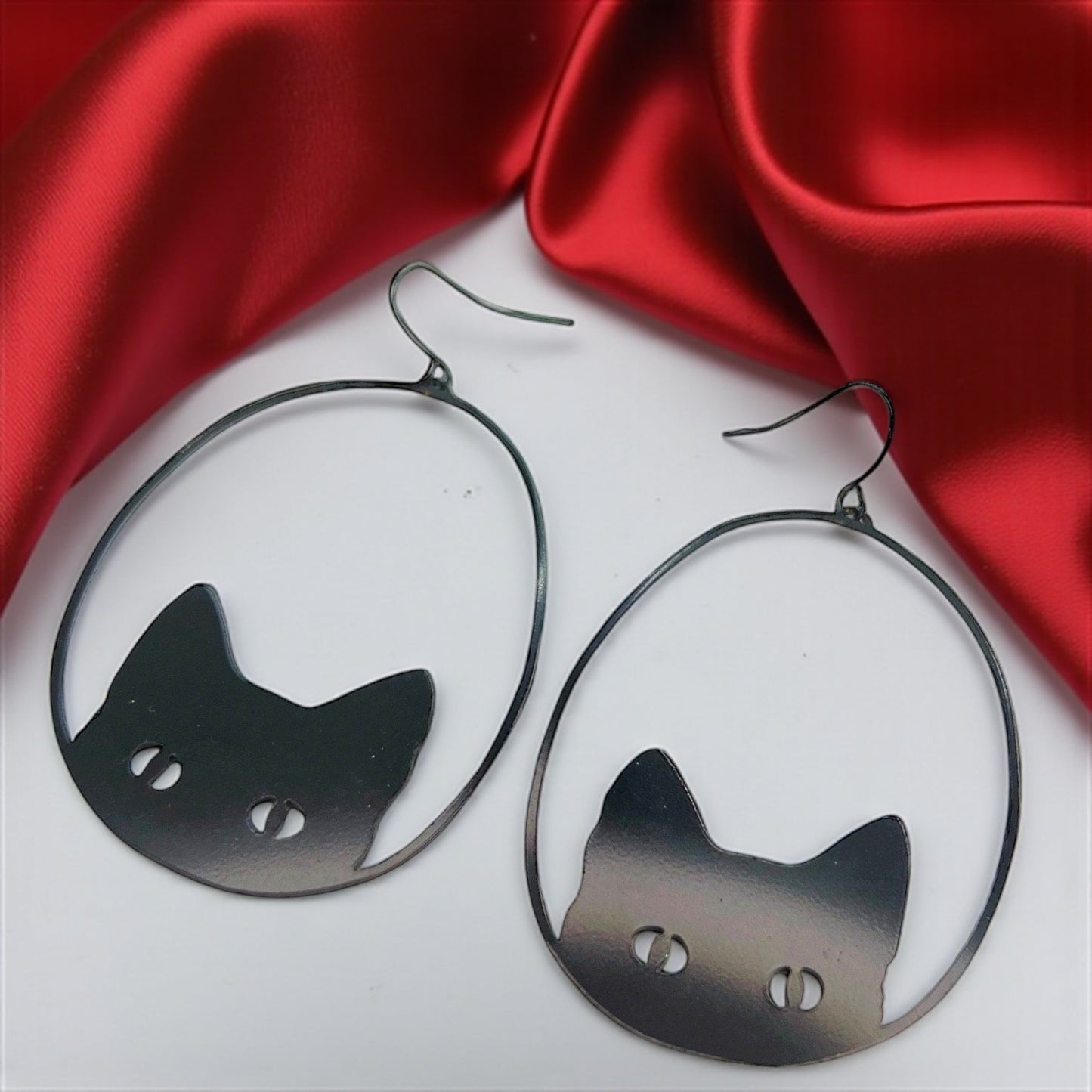 Oversized Black Metal Cat Dangle Earrings - Embrace Your Inner Feline!
