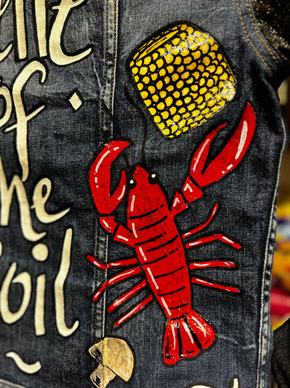 Hand Painted Jean Jacket: “Belle of the Boil” - Mardi Gras, Painted Jacket, New Orleans, Crawfish Boil, Easter Jacket, Belle of the Boil, Mudbug