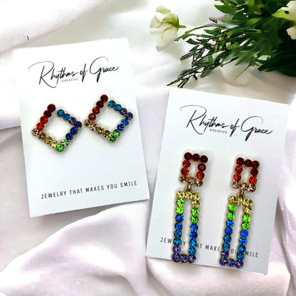 Rhinestone Rainbow Earrings - Rainbow Rhinestones, PRIDE Earrings;  Rhinestone Rainbow Earrings