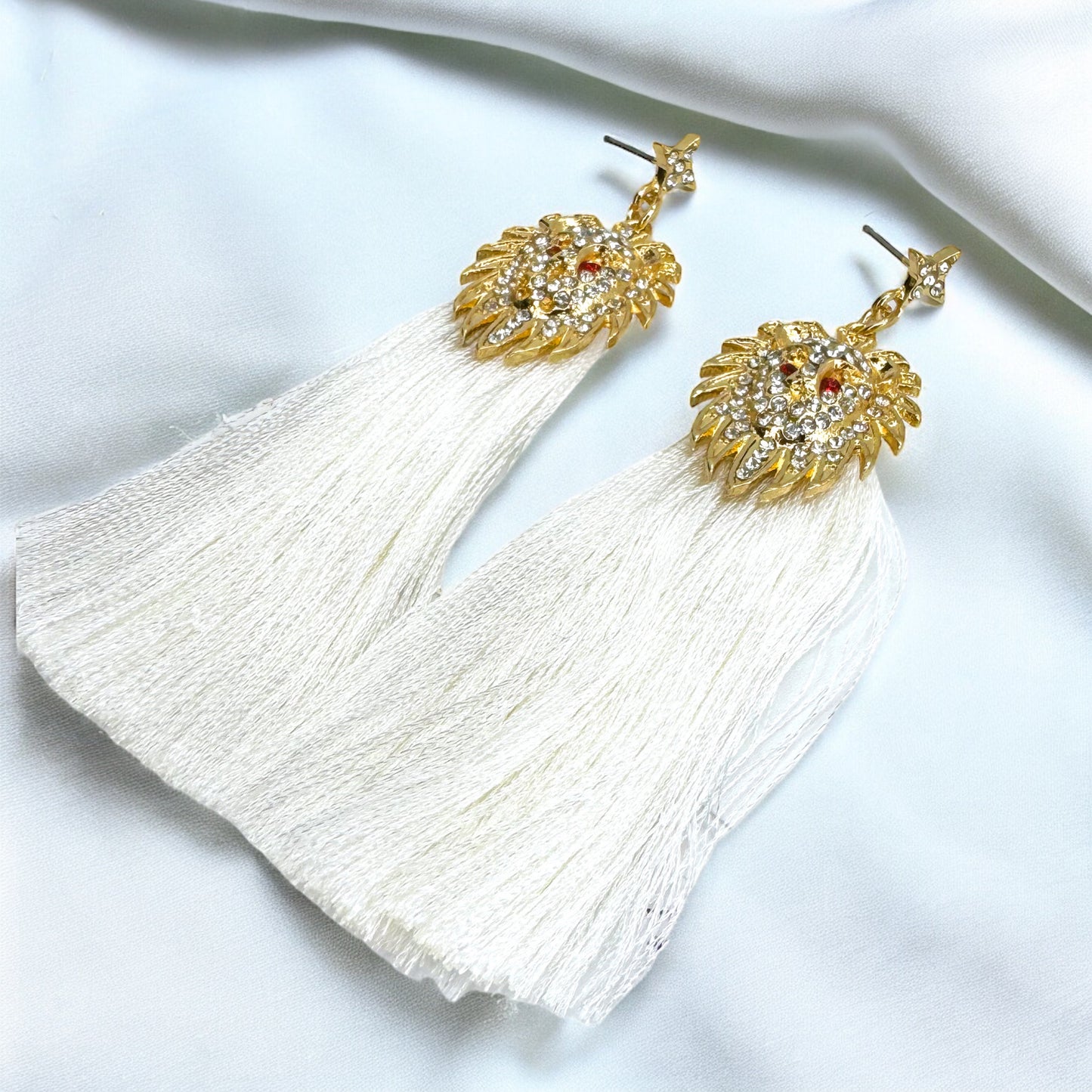Rhinestone Lion Tassel Dangle Earrings - Available in Three Colors!