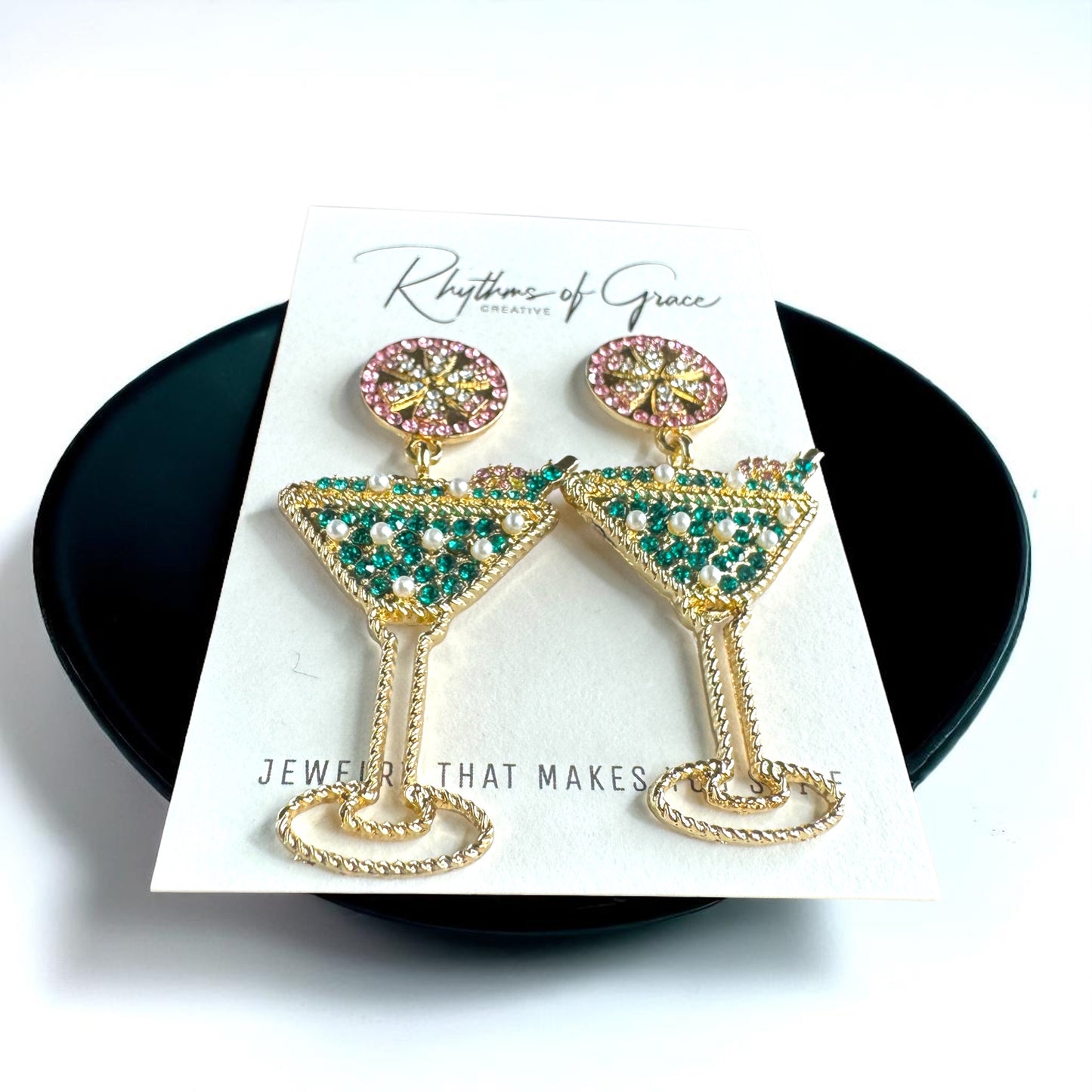 Sparkling Emerald & Pink Martini Dangle Earrings - Glamorous Statement Jewelry