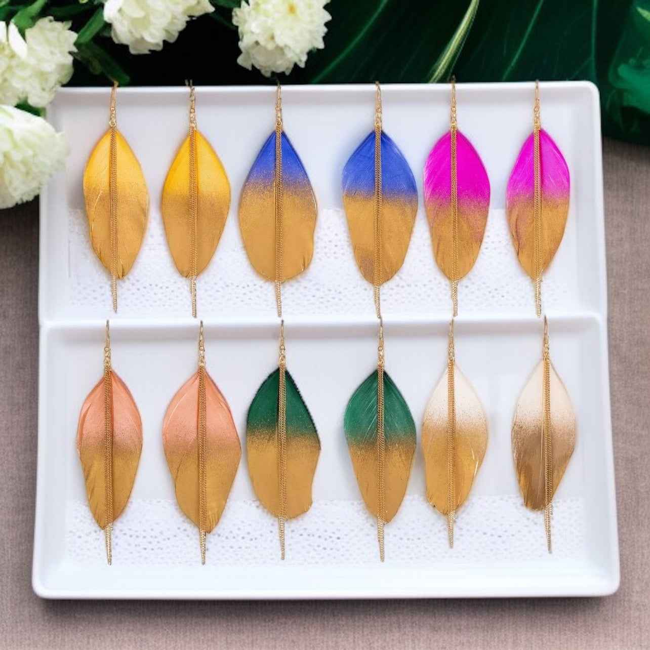Gold Dipped Feather Earrings: Dance Into the Festivity!