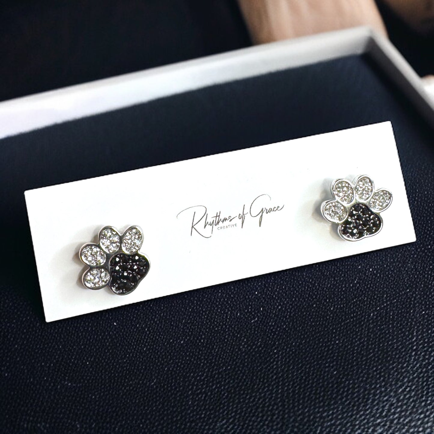 Sparkle & Paws! Silver and Black Rhinestone Paw Print Stud Earrings